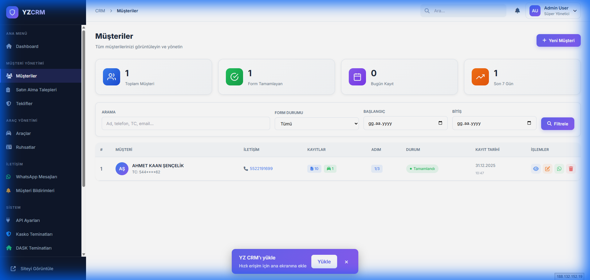 Müşteri Yönetimi Ekranı