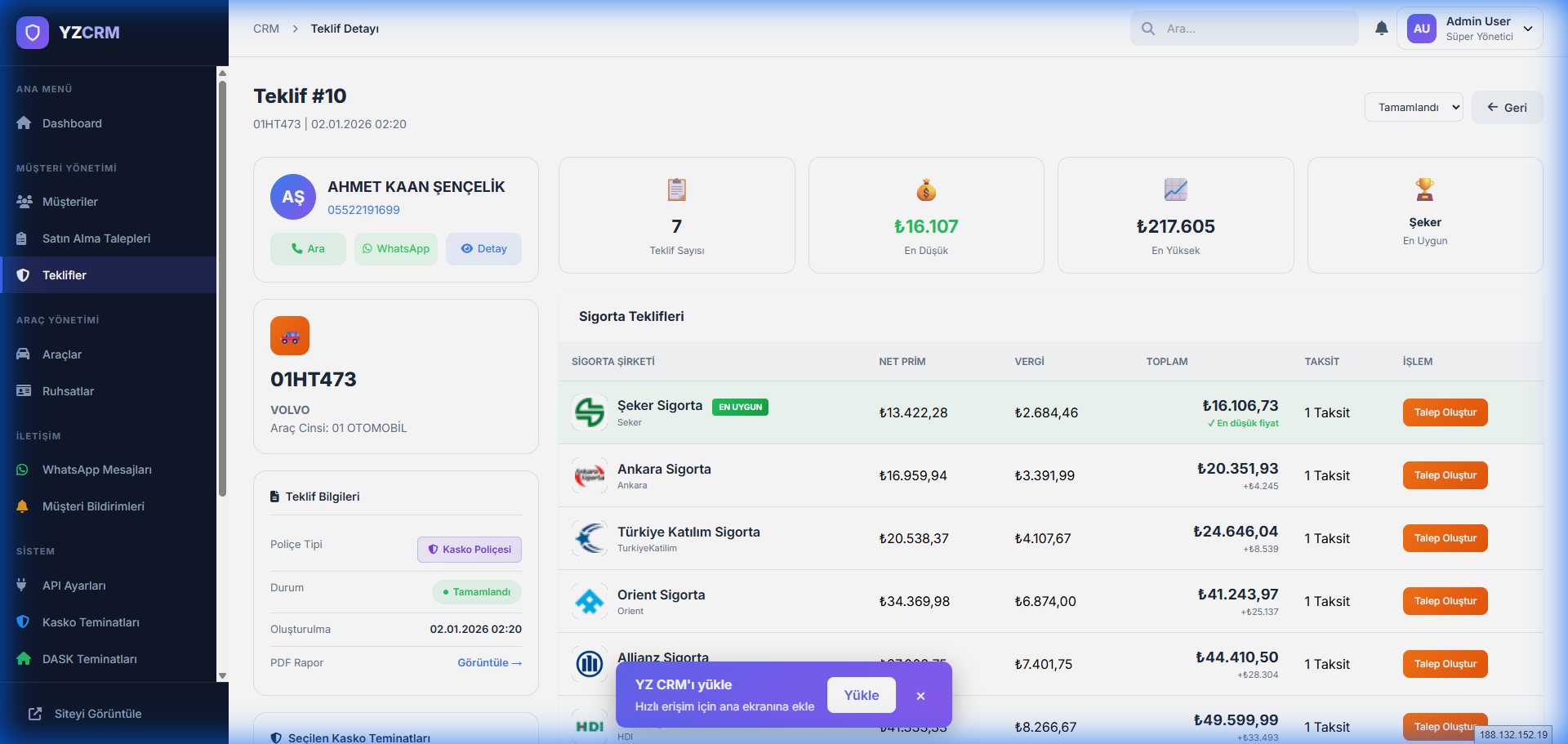 Teklif Yönetimi Ekranı